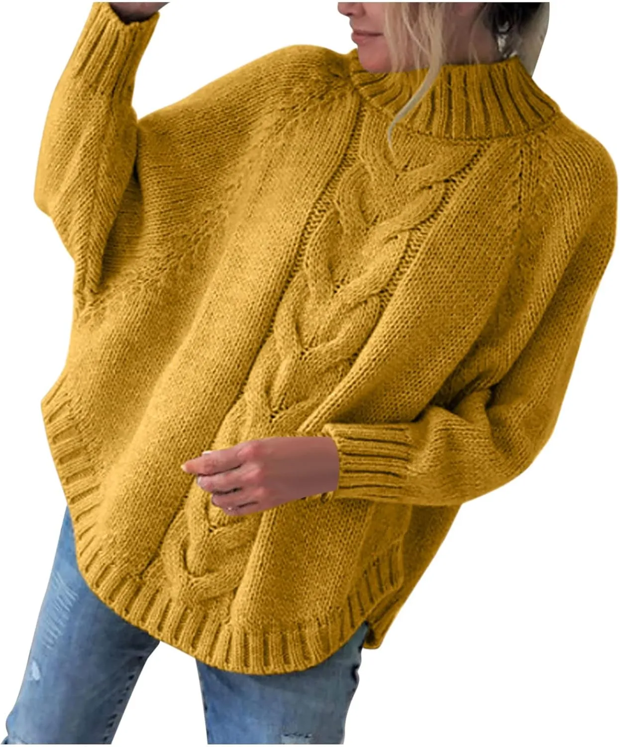 Batwing Sleeve Mock Neck Sweaters for Women Casual Cable Knitted Tops Fall Loose fit Jumper Pullovers for Going Out