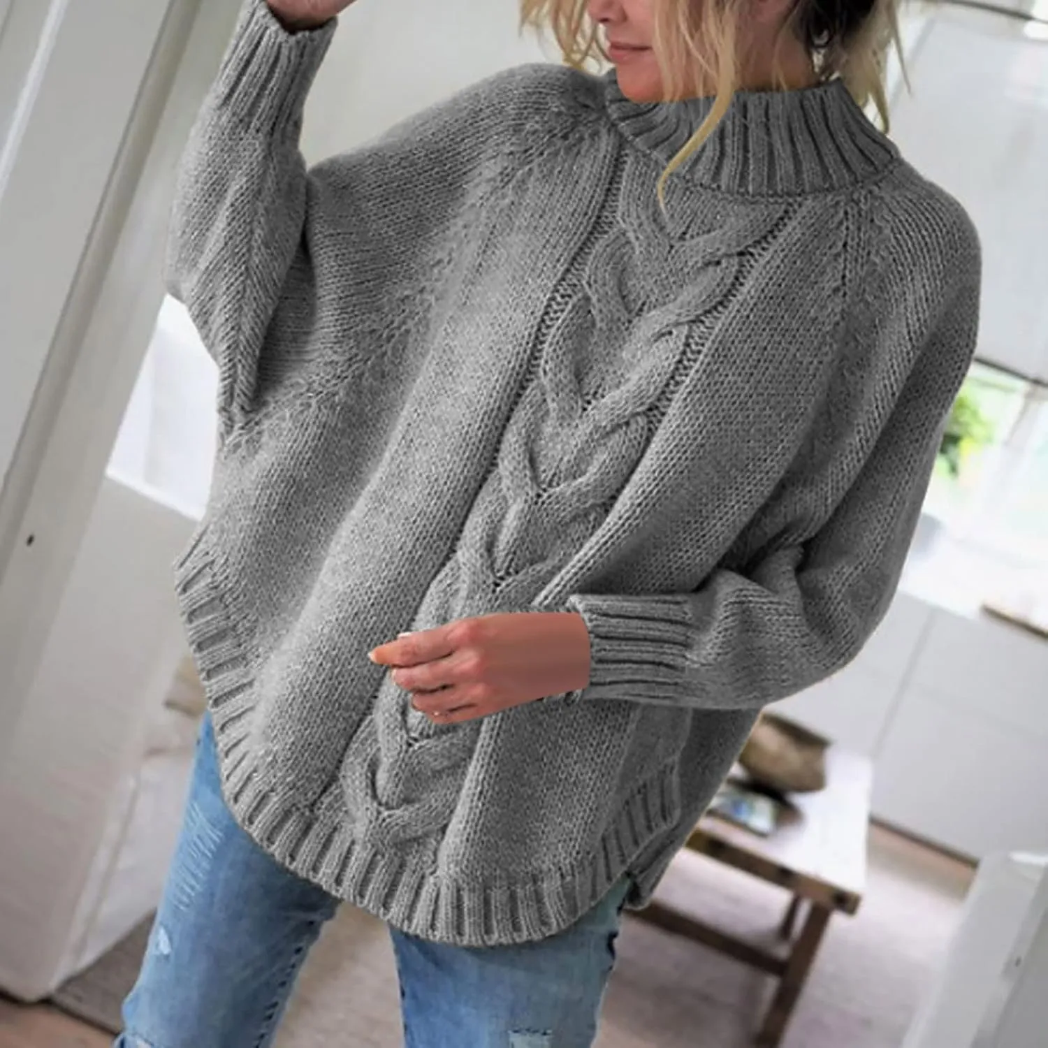 Batwing Sleeve Mock Neck Sweaters for Women Casual Cable Knitted Tops Fall Loose fit Jumper Pullovers for Going Out