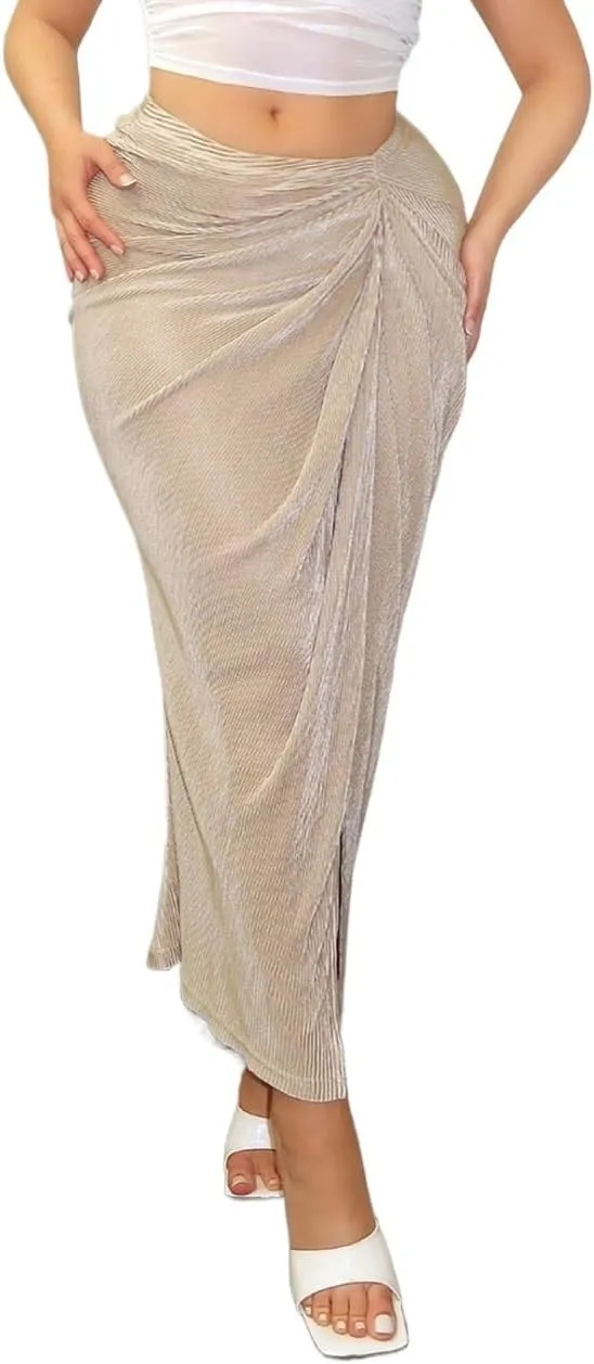 Beach Skirts Summer Solid Ruched Front Slit Skirt