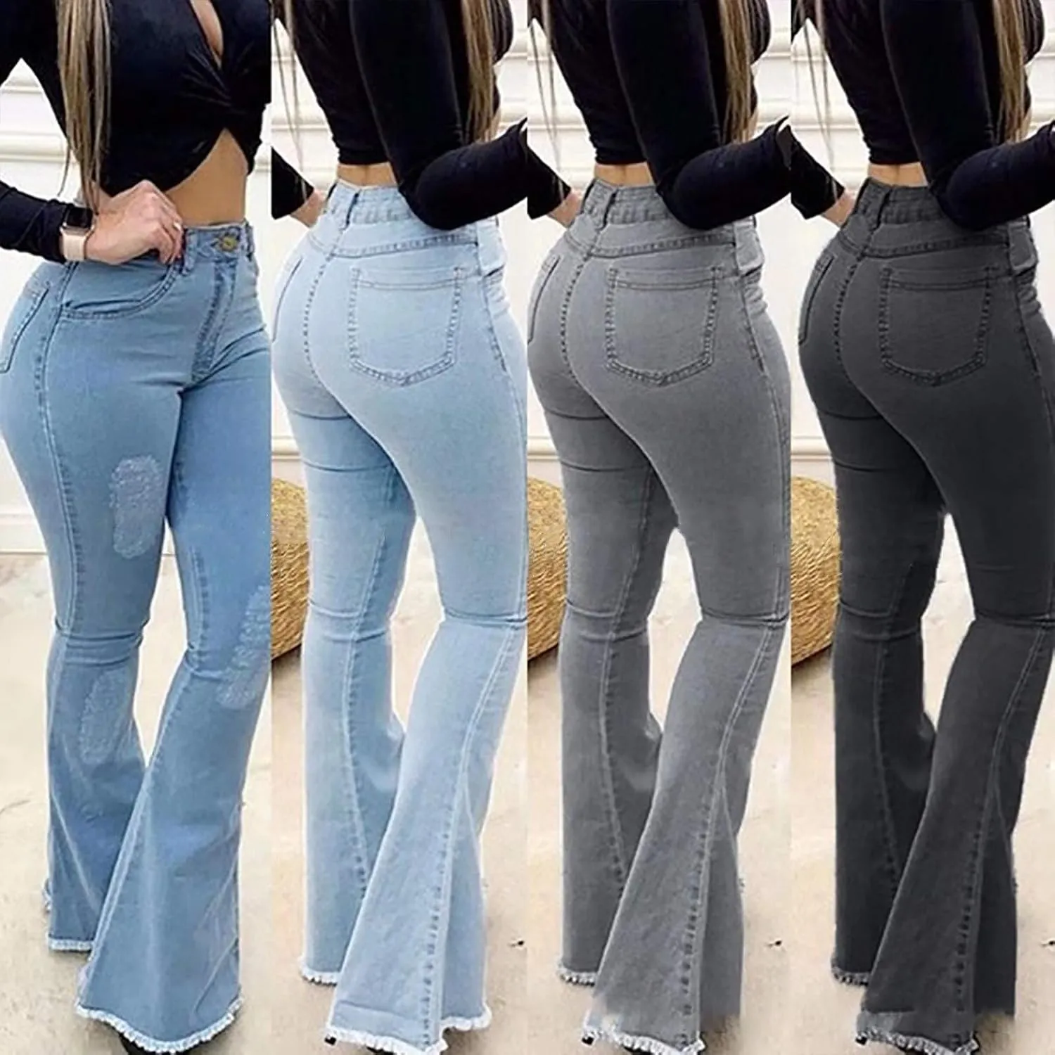 Bell Bottom Jeans for Wome High Rise Flare Jean Pants Retro Wide Leg Jeans Plus Size Denim Bootcut Pants