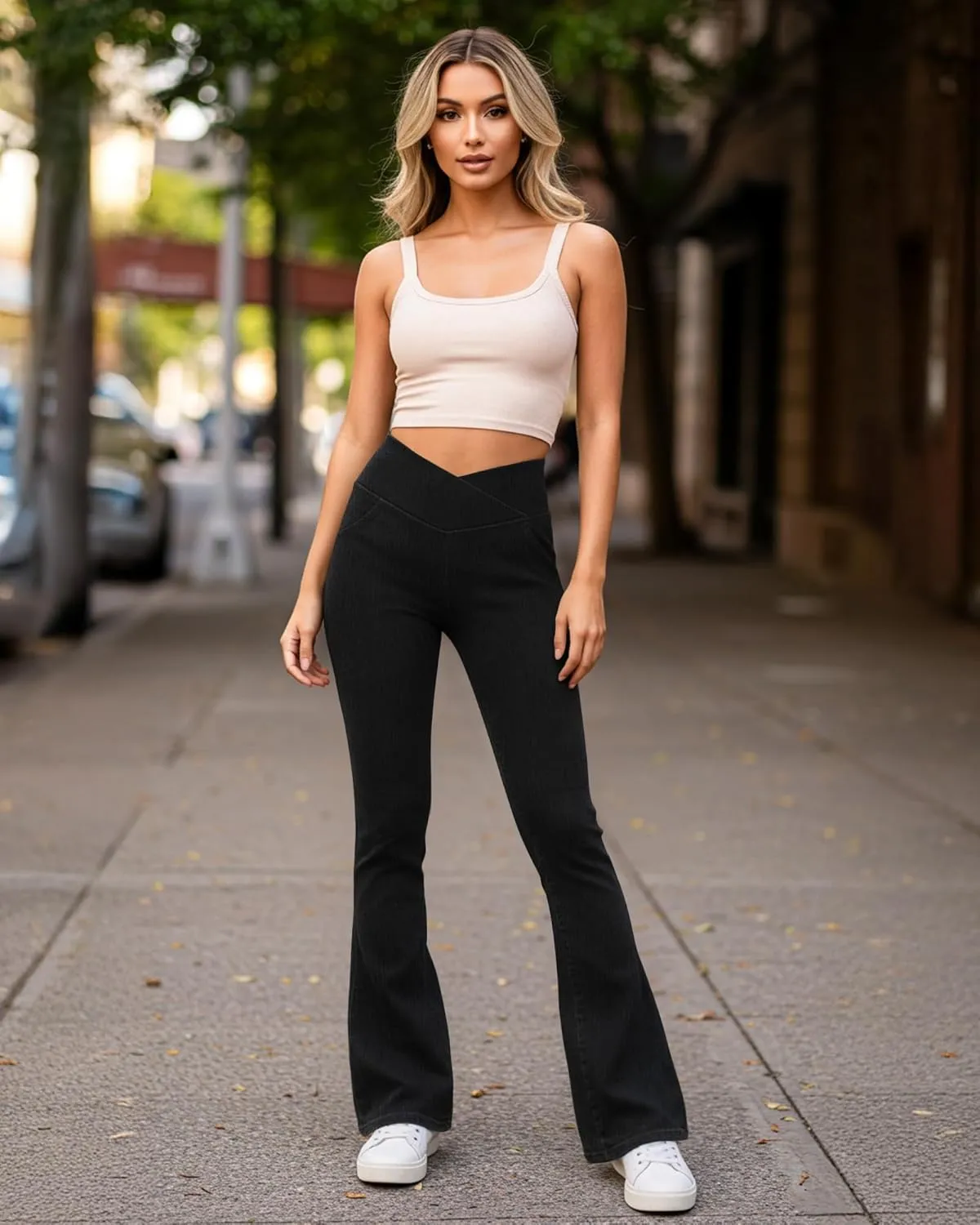 Bell Bottom Jeans for Women High Waisted Stretchy Flare Jeans with Pockets Trendy Crossover Pull On Flare Jeggings