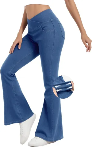 Bell Bottom Jeans for Women High Waisted Stretchy Flare Jeans with Pockets Trendy Crossover Pull On Flare Jeggings
