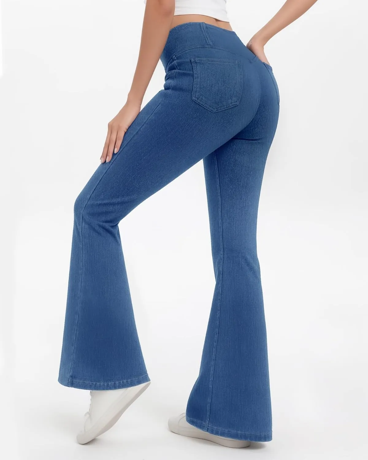Bell Bottom Jeans for Women High Waisted Stretchy Flare Jeans with Pockets Trendy Crossover Pull On Flare Jeggings