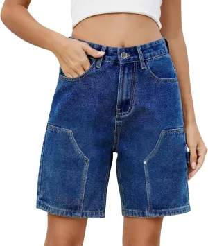 Bermuda Jean Shorts for Women High Waisted Classic Casual Long Jean Shorts Stretchy Denim with Pockets