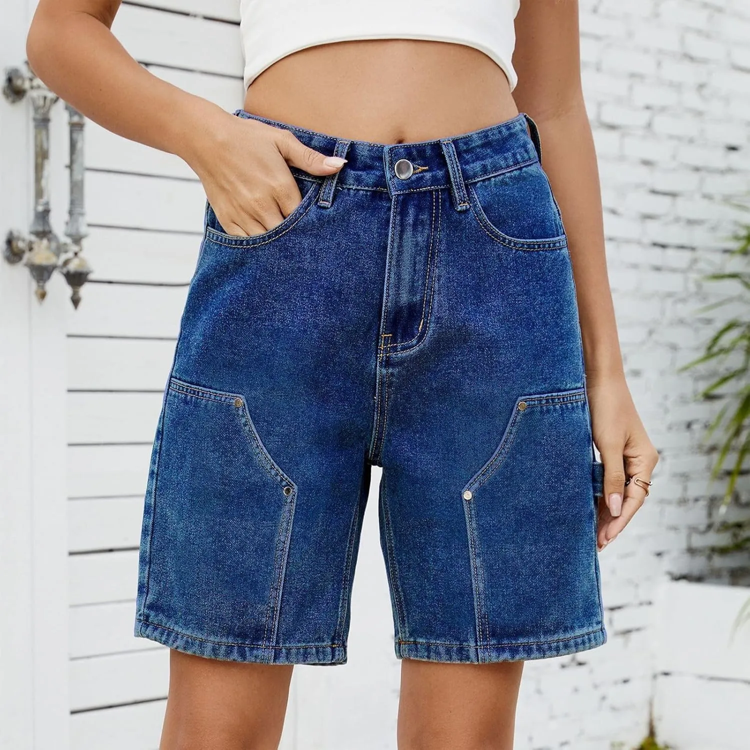 Bermuda Jean Shorts for Women High Waisted Classic Casual Long Jean Shorts Stretchy Denim with Pockets