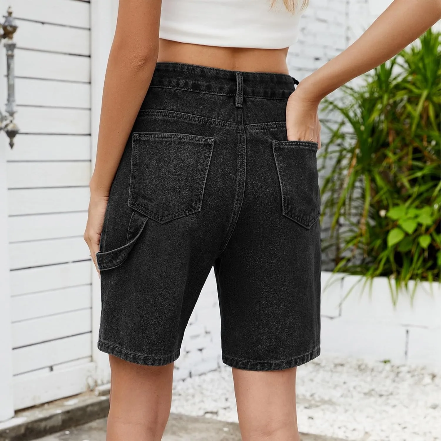 Bermuda Jean Shorts for Women High Waisted Classic Casual Long Jean Shorts Stretchy Denim with Pockets