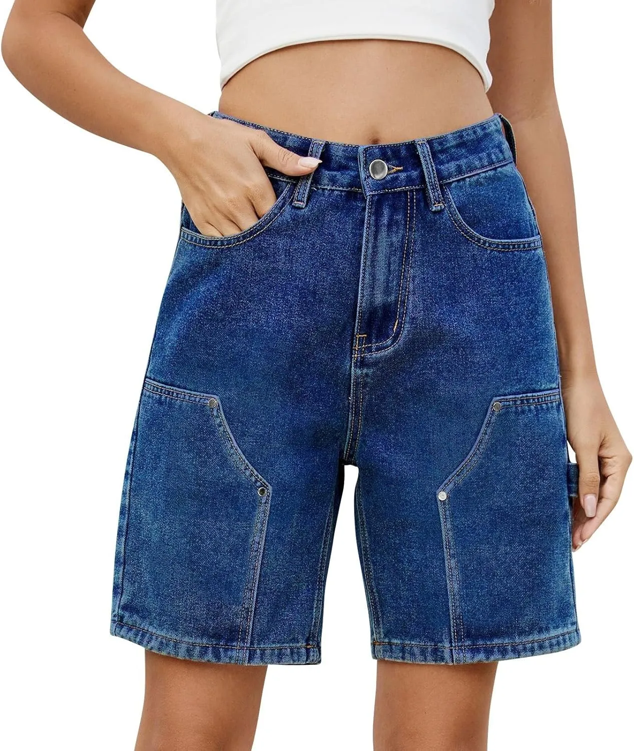 Bermuda Jean Shorts for Women High Waisted Classic Casual Long Jean Shorts Stretchy Denim with Pockets