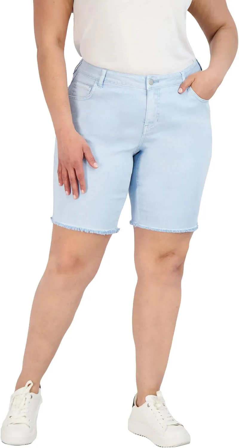 Bermuda Shorts for Women, Frayed Hem Cotton Spandex Casual Shorts High-Waisted Plus Size Shorts