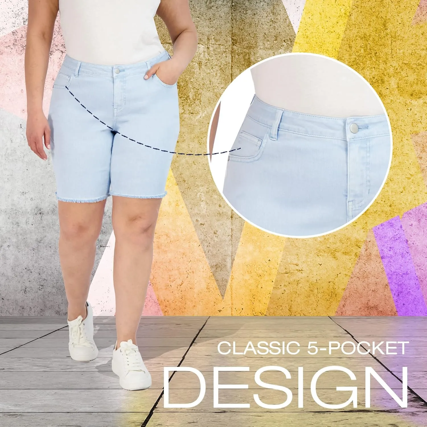 Bermuda Shorts for Women, Frayed Hem Cotton Spandex Casual Shorts High-Waisted Plus Size Shorts