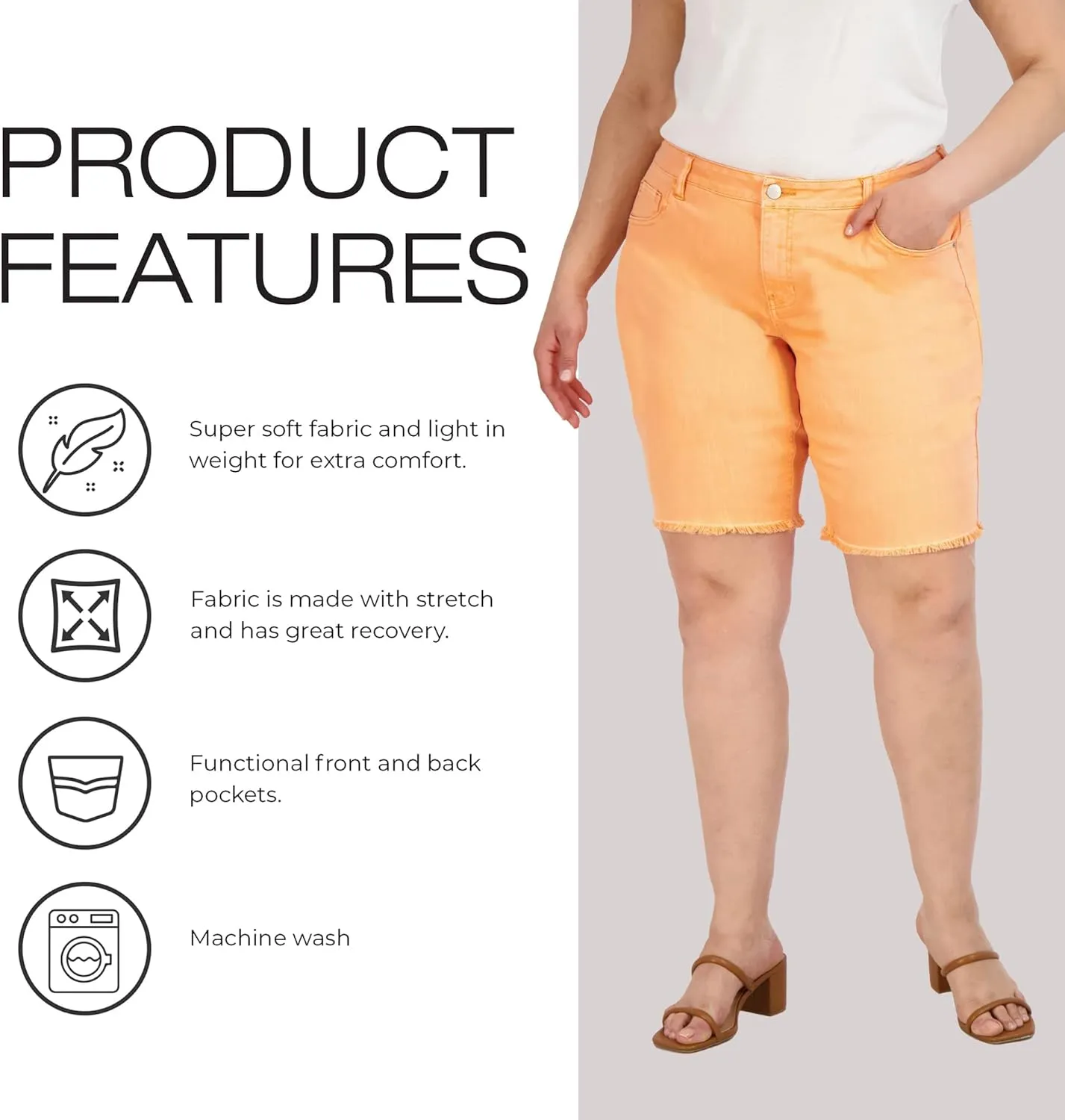 Bermuda Shorts for Women, Frayed Hem Cotton Spandex Casual Shorts High-Waisted Plus Size Shorts