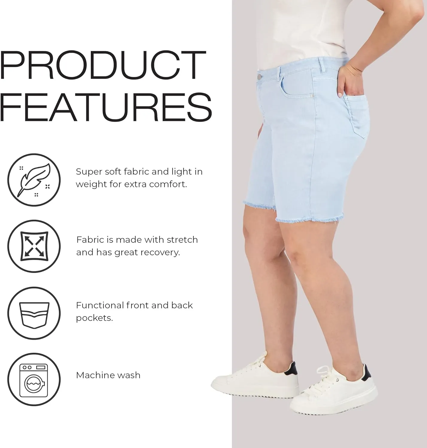 Bermuda Shorts for Women, Frayed Hem Cotton Spandex Casual Shorts High-Waisted Plus Size Shorts