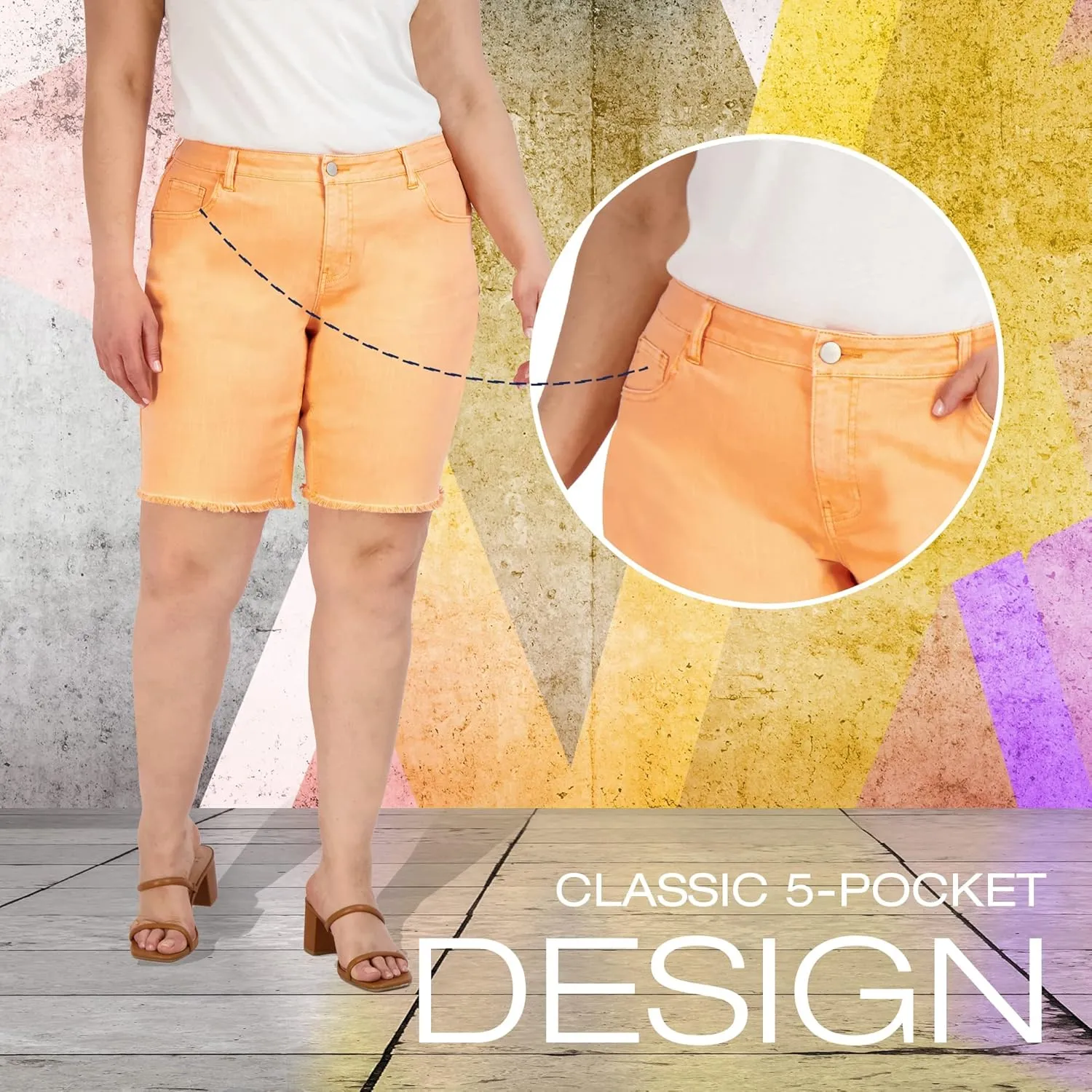 Bermuda Shorts for Women, Frayed Hem Cotton Spandex Casual Shorts High-Waisted Plus Size Shorts
