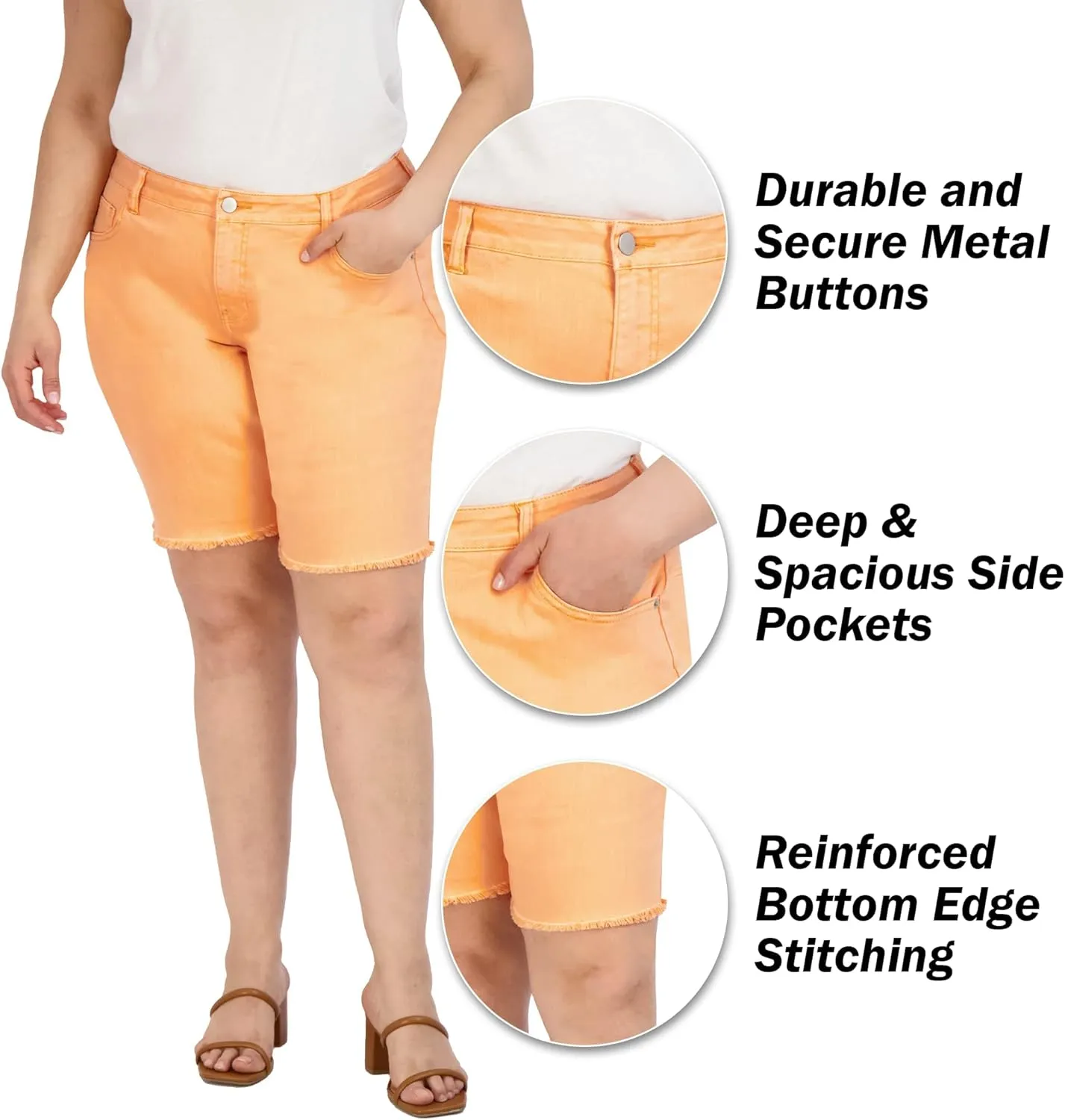 Bermuda Shorts for Women, Frayed Hem Cotton Spandex Casual Shorts High-Waisted Plus Size Shorts