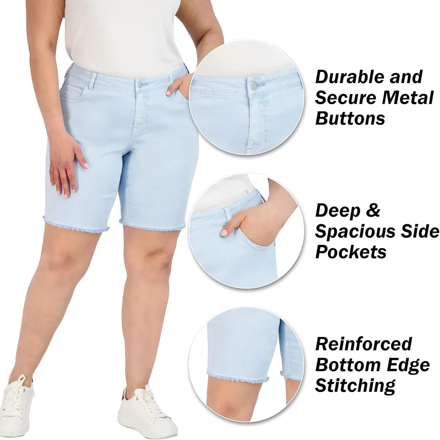 Bermuda Shorts for Women, Frayed Hem Cotton Spandex Casual Shorts High-Waisted Plus Size Shorts