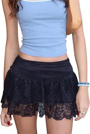 BHMAWSRT Womens Ruffle Floral Lace Mini Skirt Elastic Waist A-Line Layered Pleated Skirt Y2k Aesthetic Clothes