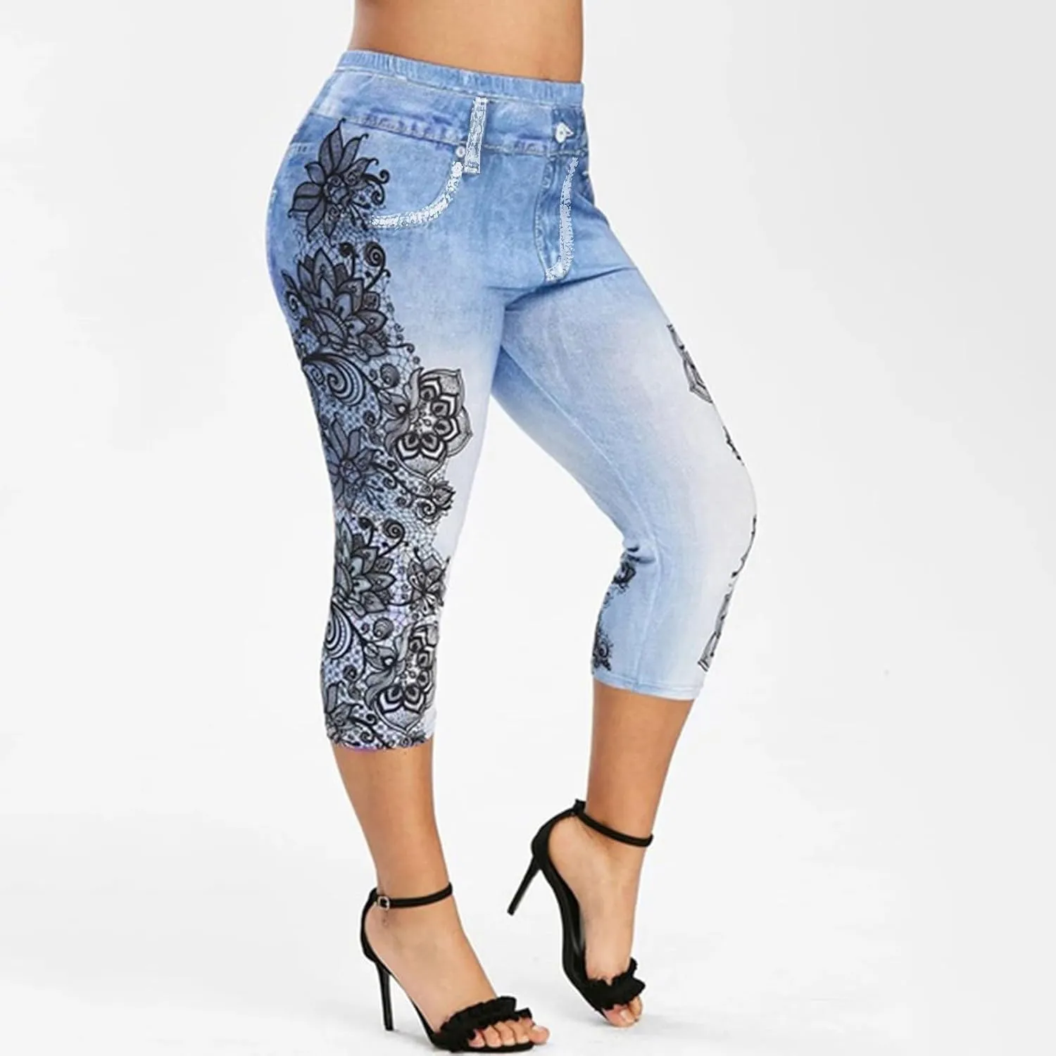 Binmer Women's Denim Capri Jeans Casual High Waisted Skinny Leggings Stretchy Pull On Waisted Casual Pants with Decor Pockets