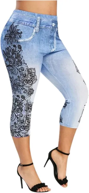 Binmer Women's Denim Capri Jeans Casual High Waisted Skinny Leggings Stretchy Pull On Waisted Casual Pants with Decor Pockets
