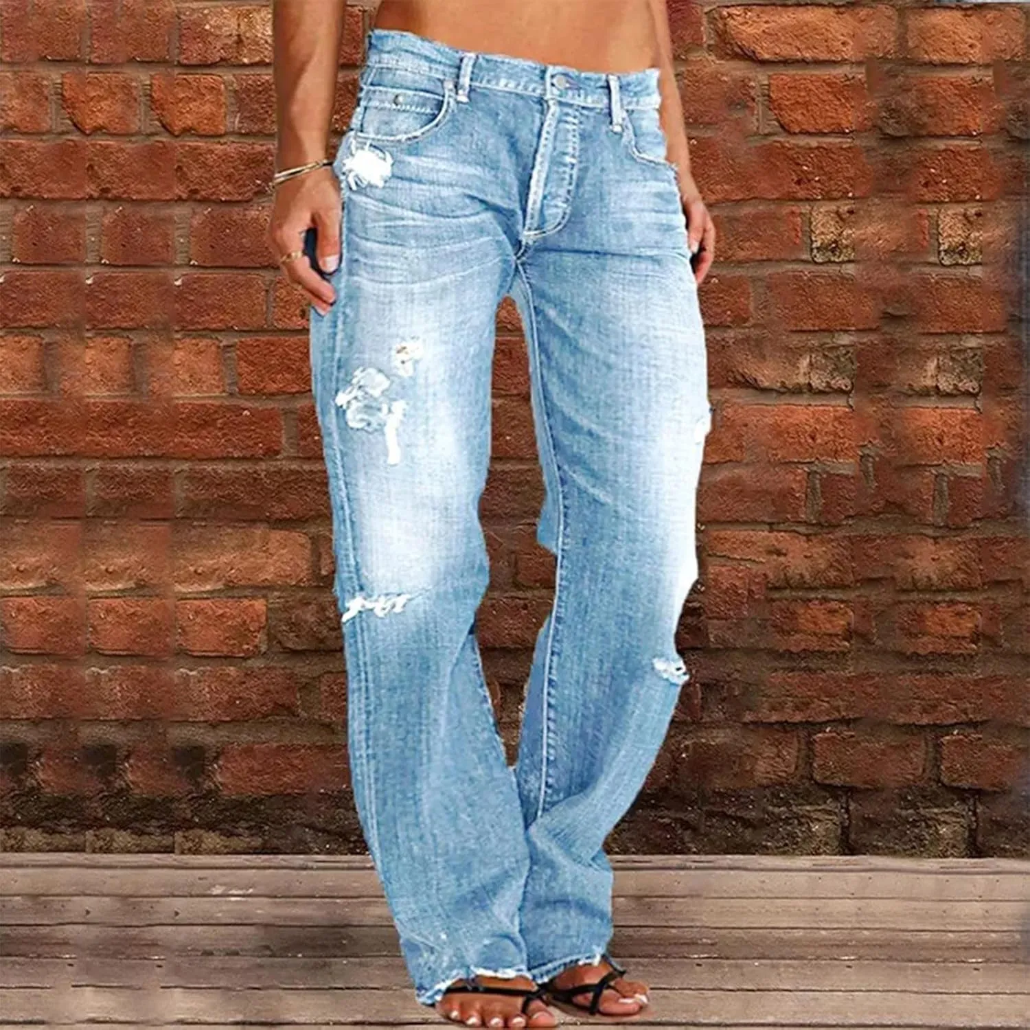 Black Pants for Women Jeans Mid Women’s Poket Lace Denim Casual Women's Jeans Straight Leg Denim Pants Womens High