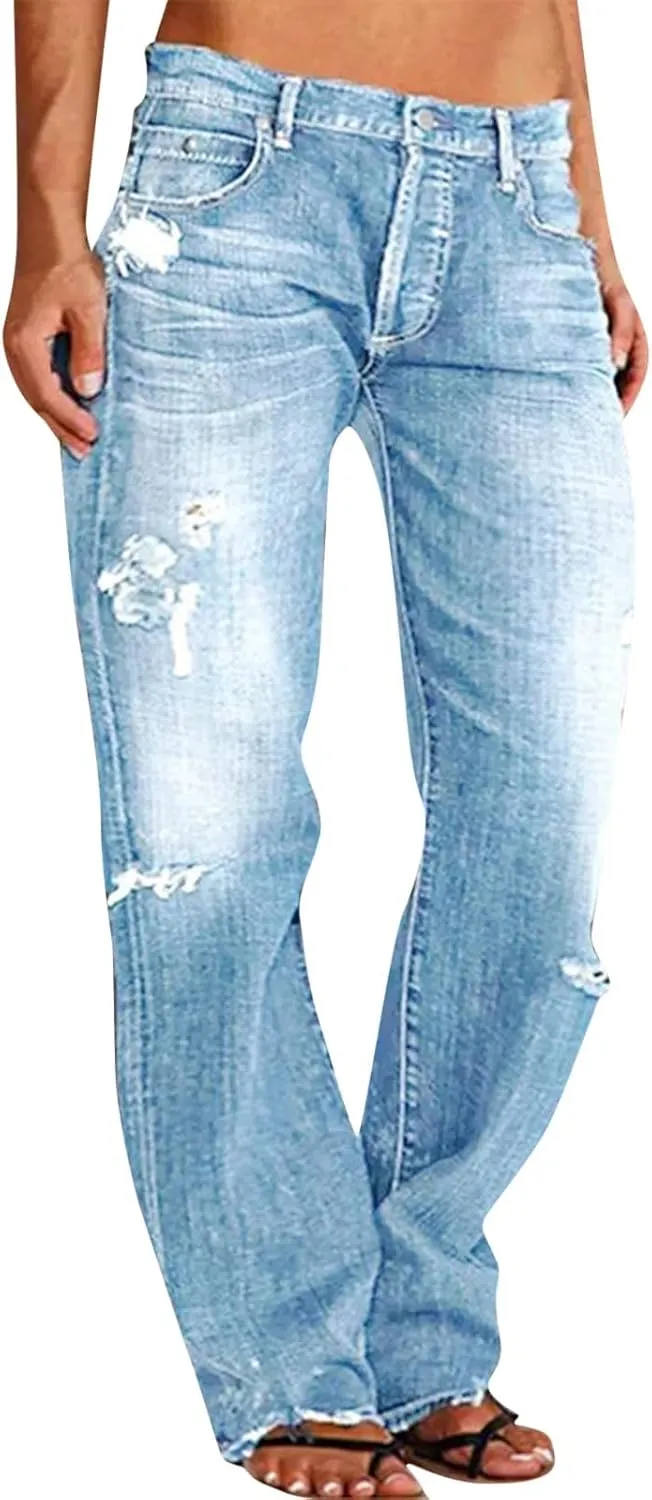 Black Pants for Women Jeans Mid Women’s Poket Lace Denim Casual Women's Jeans Straight Leg Denim Pants Womens High