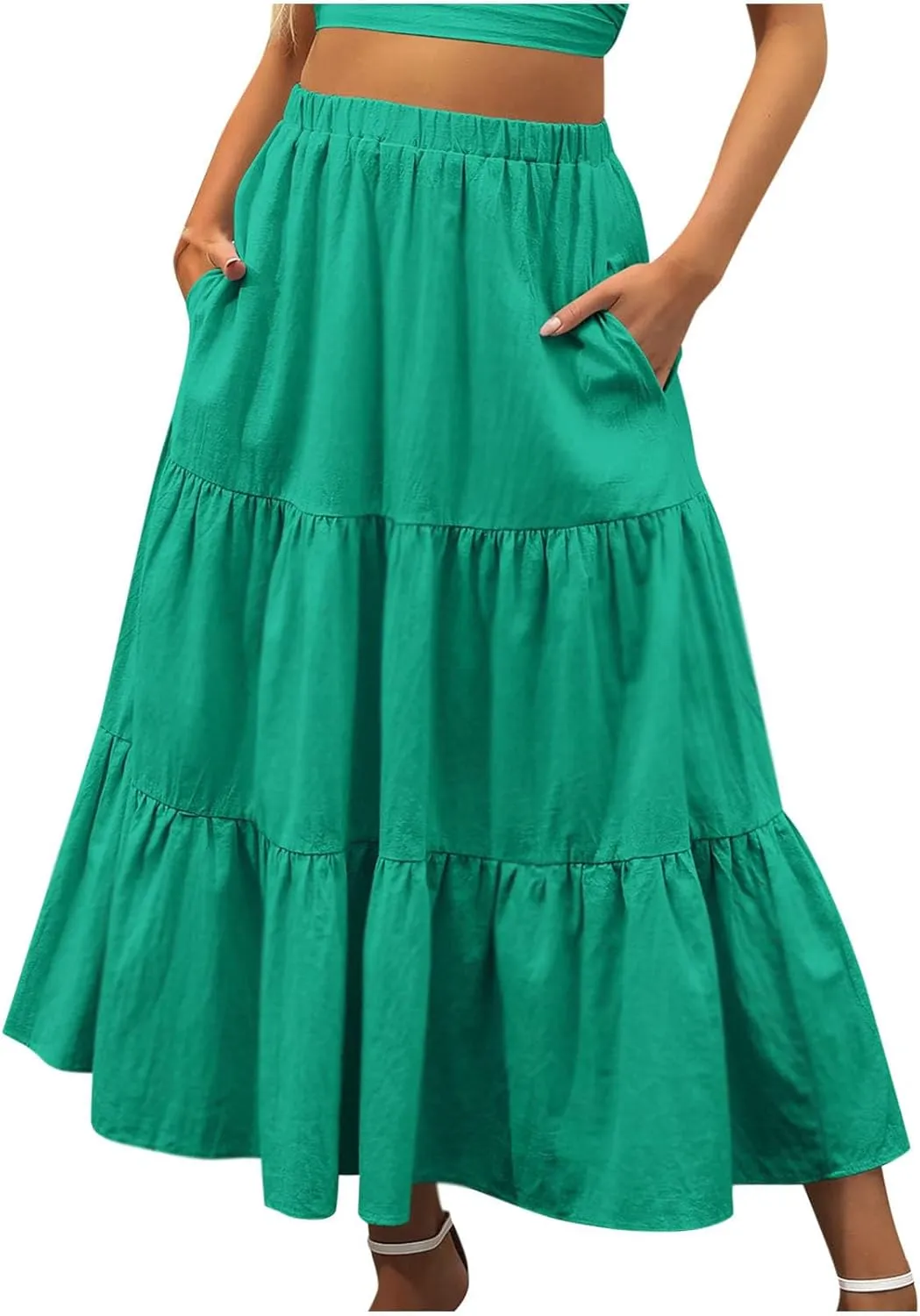 Boho Long Flaired Maxi Tier Skirt Elastic Waist Rayon Bohemian Skirts Fashion A-Line Midi Half Dress