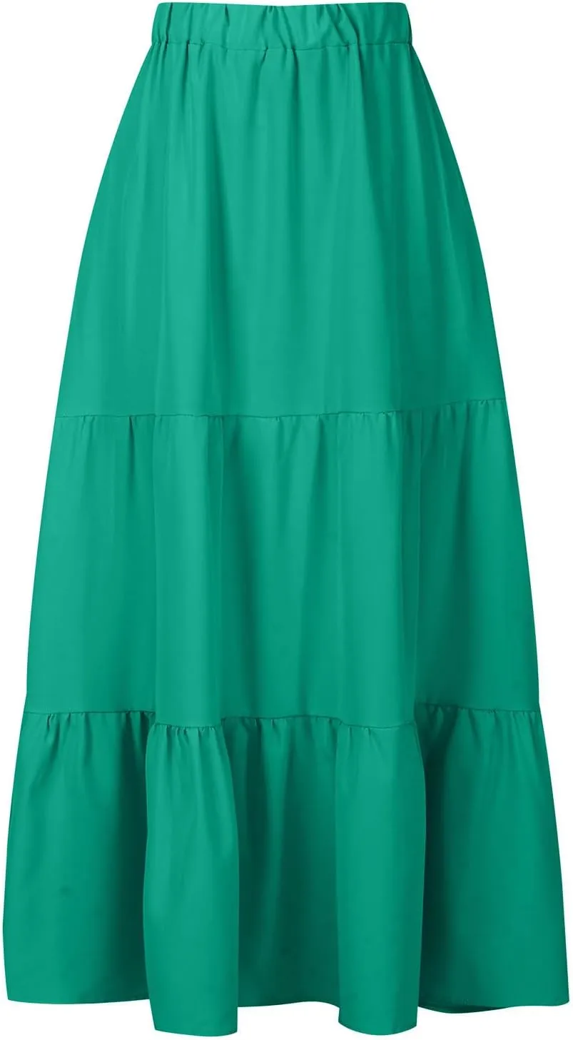 Boho Long Flaired Maxi Tier Skirt Elastic Waist Rayon Bohemian Skirts Fashion A-Line Midi Half Dress
