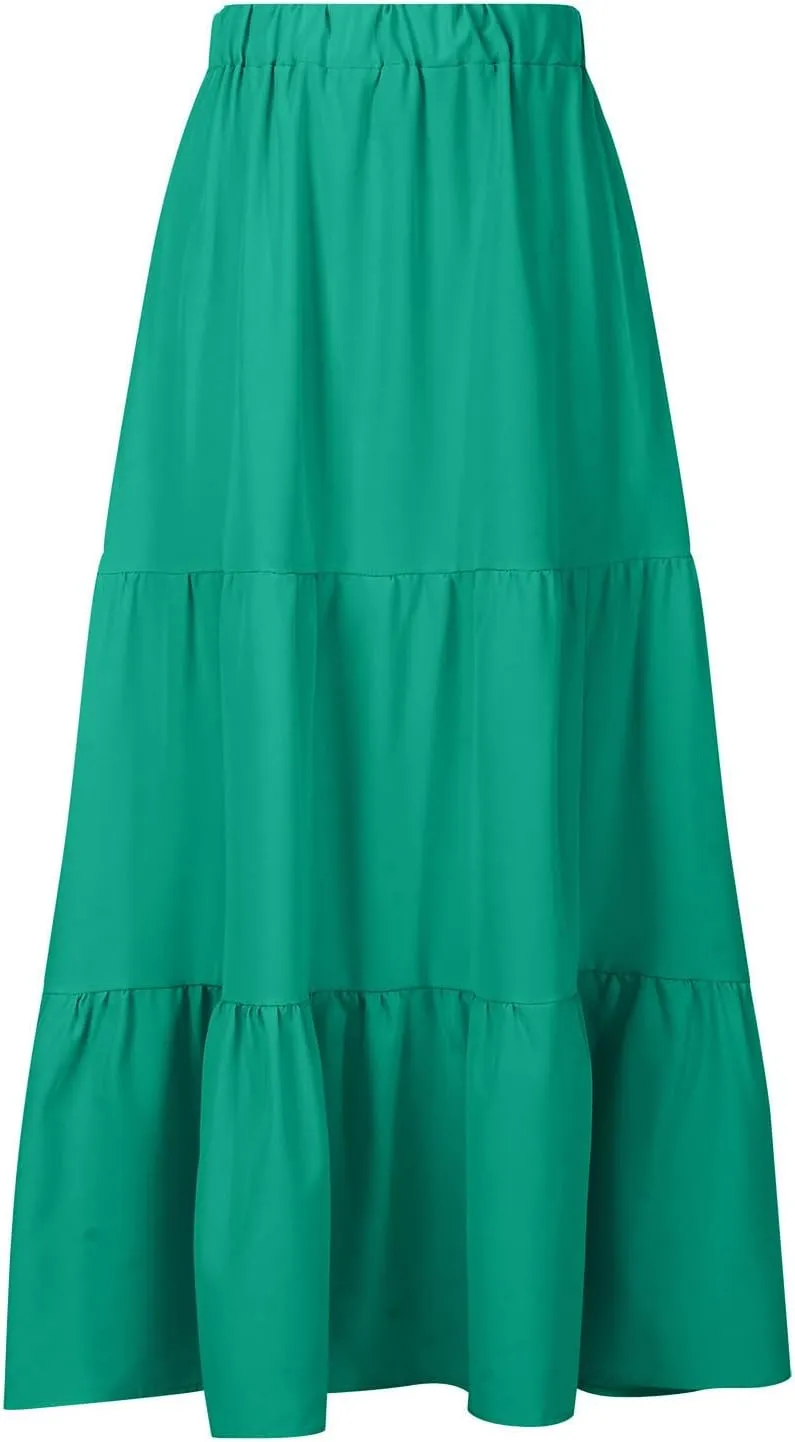 Boho Long Flaired Maxi Tier Skirt Elastic Waist Rayon Bohemian Skirts Fashion A-Line Midi Half Dress