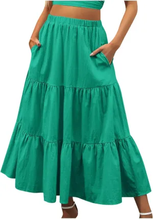 Boho Long Flaired Maxi Tier Skirt Elastic Waist Rayon Bohemian Skirts Fashion A-Line Midi Half Dress
