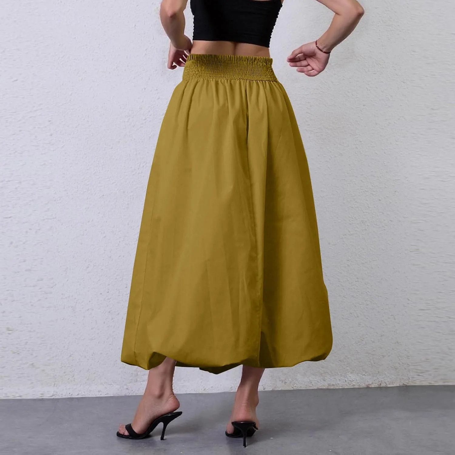 Bubble Long Skirts for Women Midi Length Trendy 2025 Summer Vacation Elastic Waist A Line Flowy Skirt with Pockets