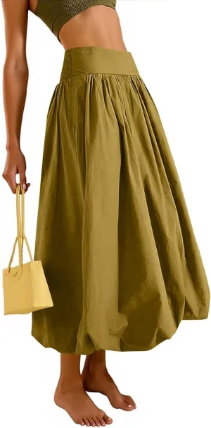 Bubble Long Skirts for Women Midi Length Trendy 2025 Summer Vacation Elastic Waist A Line Flowy Skirt with Pockets