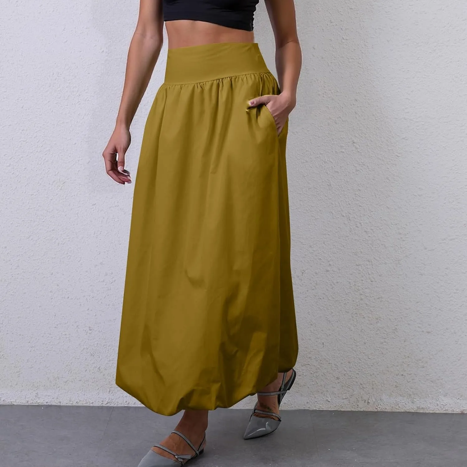 Bubble Long Skirts for Women Midi Length Trendy 2025 Summer Vacation Elastic Waist A Line Flowy Skirt with Pockets