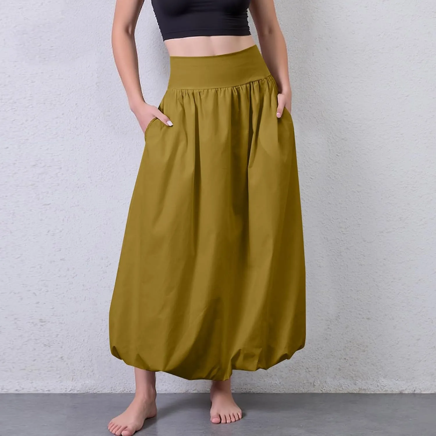 Bubble Long Skirts for Women Midi Length Trendy 2025 Summer Vacation Elastic Waist A Line Flowy Skirt with Pockets