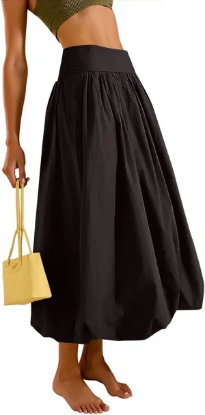 Bubble Skirts for Women Midi Length Trendy 2025 Summer Vacation Elastic Waist A Line Flowy Long Skirt with Pockets