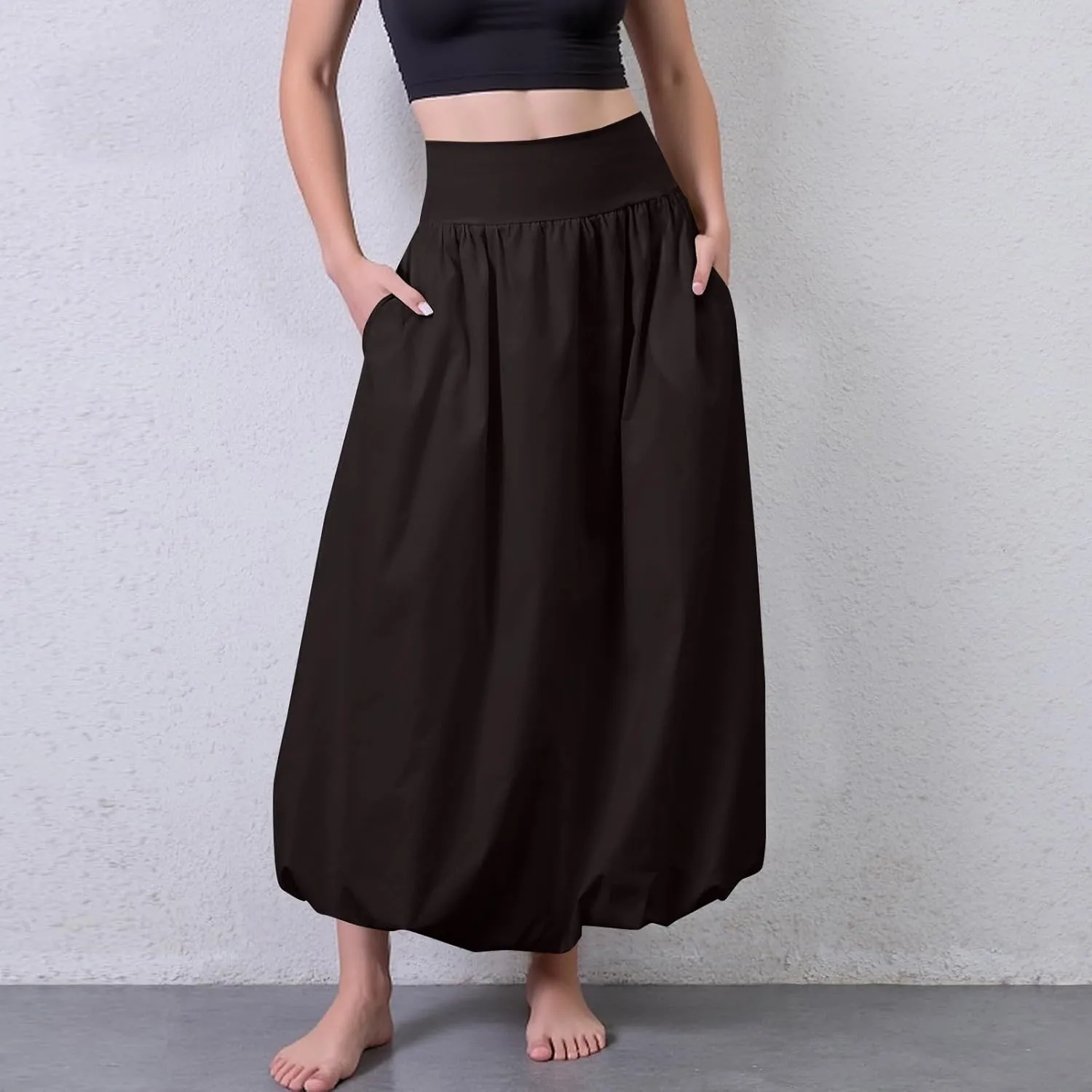 Bubble Skirts for Women Midi Length Trendy 2025 Summer Vacation Elastic Waist A Line Flowy Long Skirt with Pockets