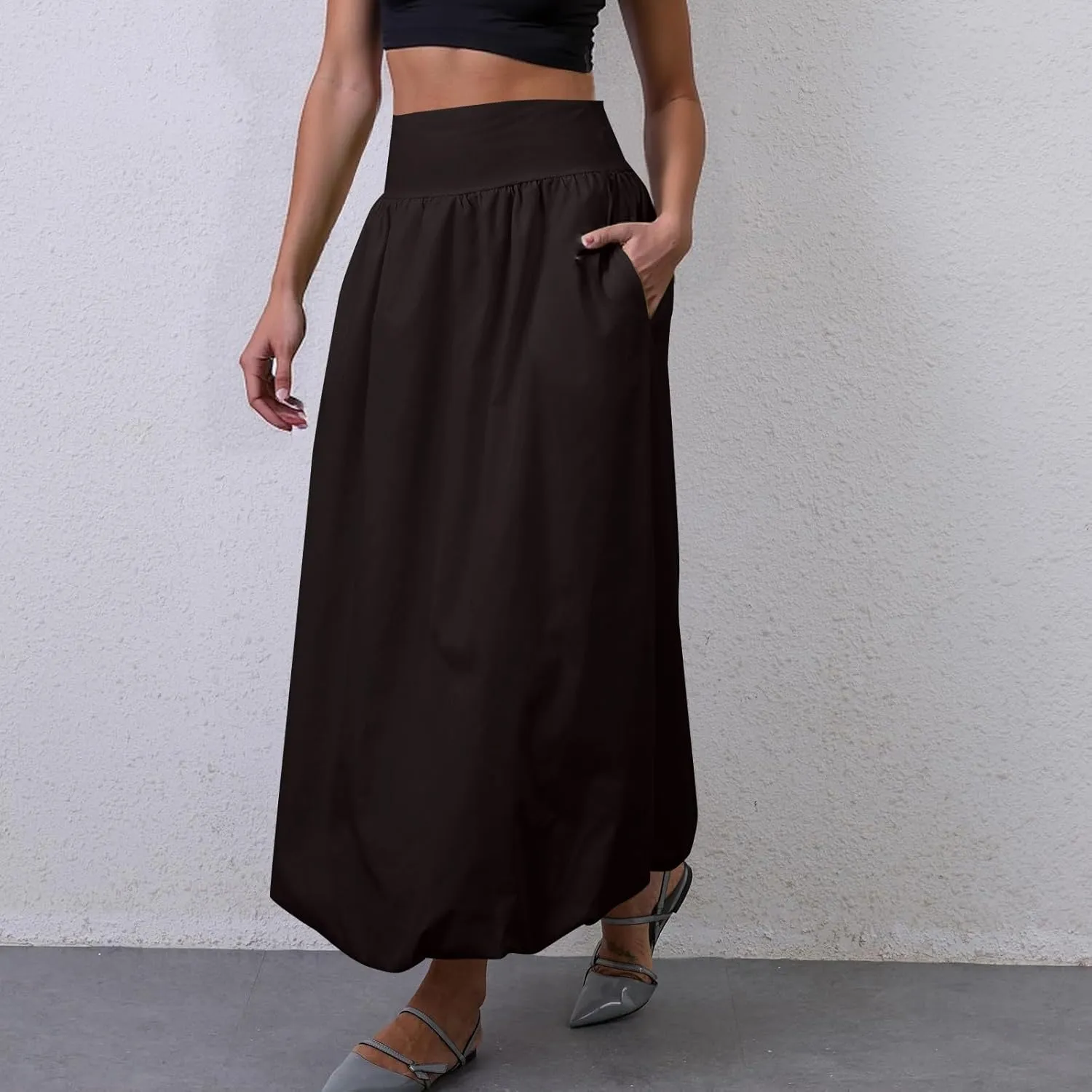 Bubble Skirts for Women Midi Length Trendy 2025 Summer Vacation Elastic Waist A Line Flowy Long Skirt with Pockets