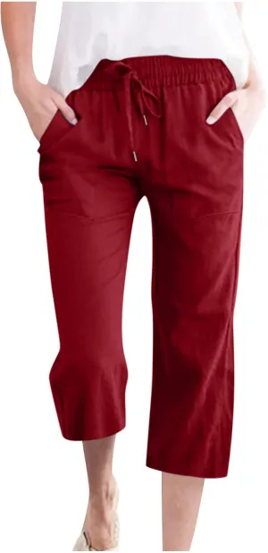 Capris Pants for Women 2024 Summer Casual Stretch Cotton Linen Capri Pant Drawstring Cropped High Waisted Trousers