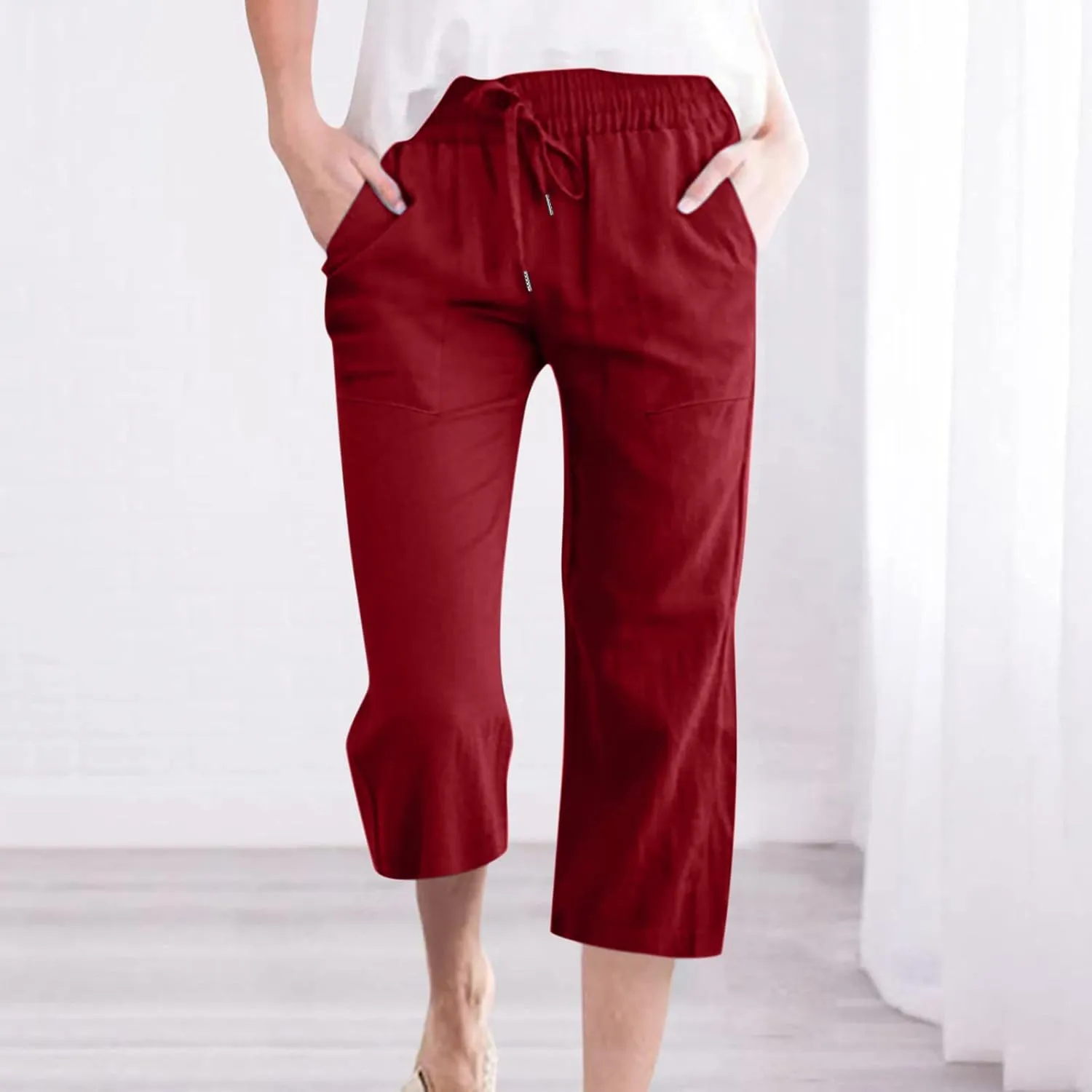 Capris Pants for Women 2024 Summer Casual Stretch Cotton Linen Capri Pant Drawstring Cropped High Waisted Trousers