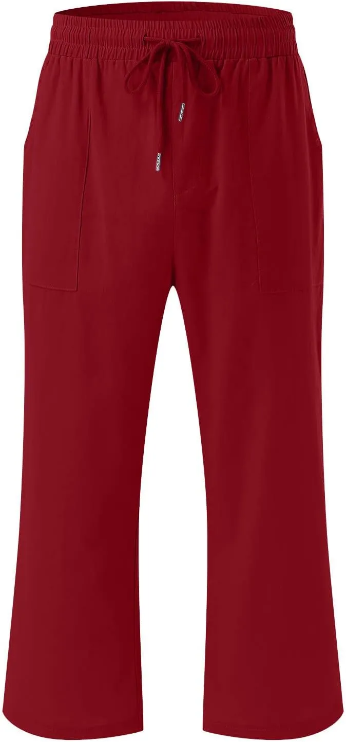 Capris Pants for Women 2024 Summer Casual Stretch Cotton Linen Capri Pant Drawstring Cropped High Waisted Trousers