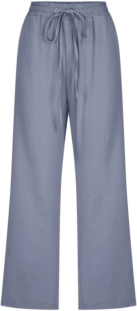 Capris Pants for Women Cotton Linen Casual Summer Straight Wide Leg Loose Drawstring Elastic Waist Cropped Trouser