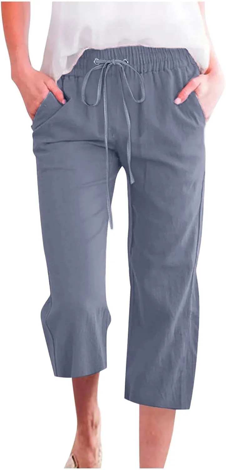 Capris Pants for Women Cotton Linen Casual Summer Straight Wide Leg Loose Drawstring Elastic Waist Cropped Trouser