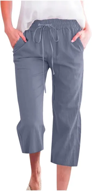 Capris Pants for Women Cotton Linen Casual Summer Straight Wide Leg Loose Drawstring Elastic Waist Cropped Trouser
