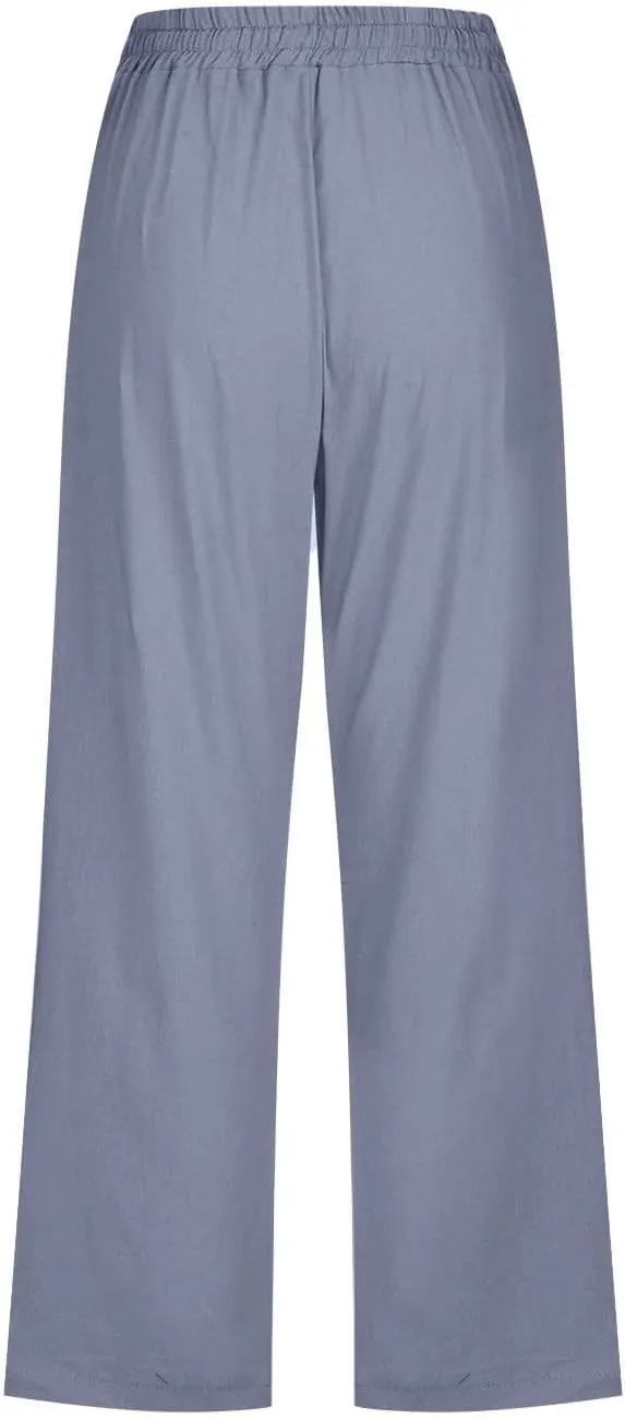 Capris Pants for Women Cotton Linen Casual Summer Straight Wide Leg Loose Drawstring Elastic Waist Cropped Trouser
