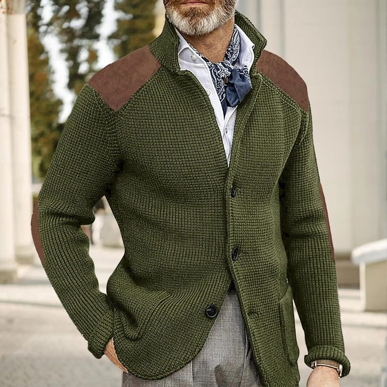 Cardigan Sweater for Mens Shawl Collar Button Down Knitted Sweaters Plus Size Elbow Fall Winter Chunky Jackets
