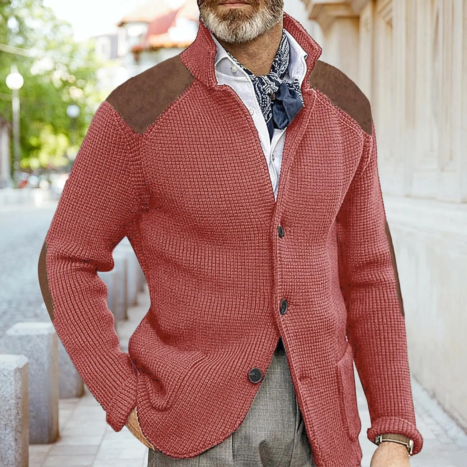 Cardigan Sweater for Mens Shawl Collar Button Down Knitted Sweaters Plus Size Elbow Fall Winter Chunky Jackets