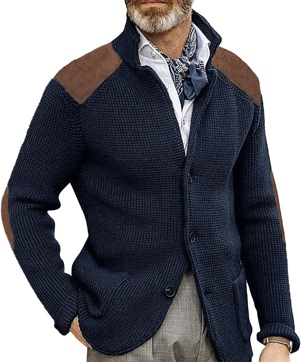 Cardigan Sweater for Mens Shawl Collar Button Down Knitted Sweaters Plus Size Elbow Fall Winter Chunky Jackets