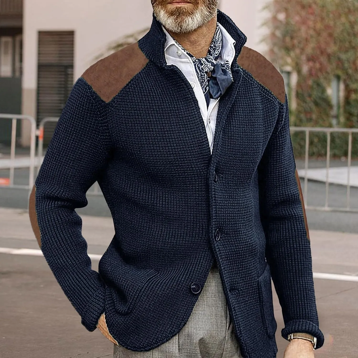 Cardigan Sweater for Mens Shawl Collar Button Down Knitted Sweaters Plus Size Elbow Fall Winter Chunky Jackets