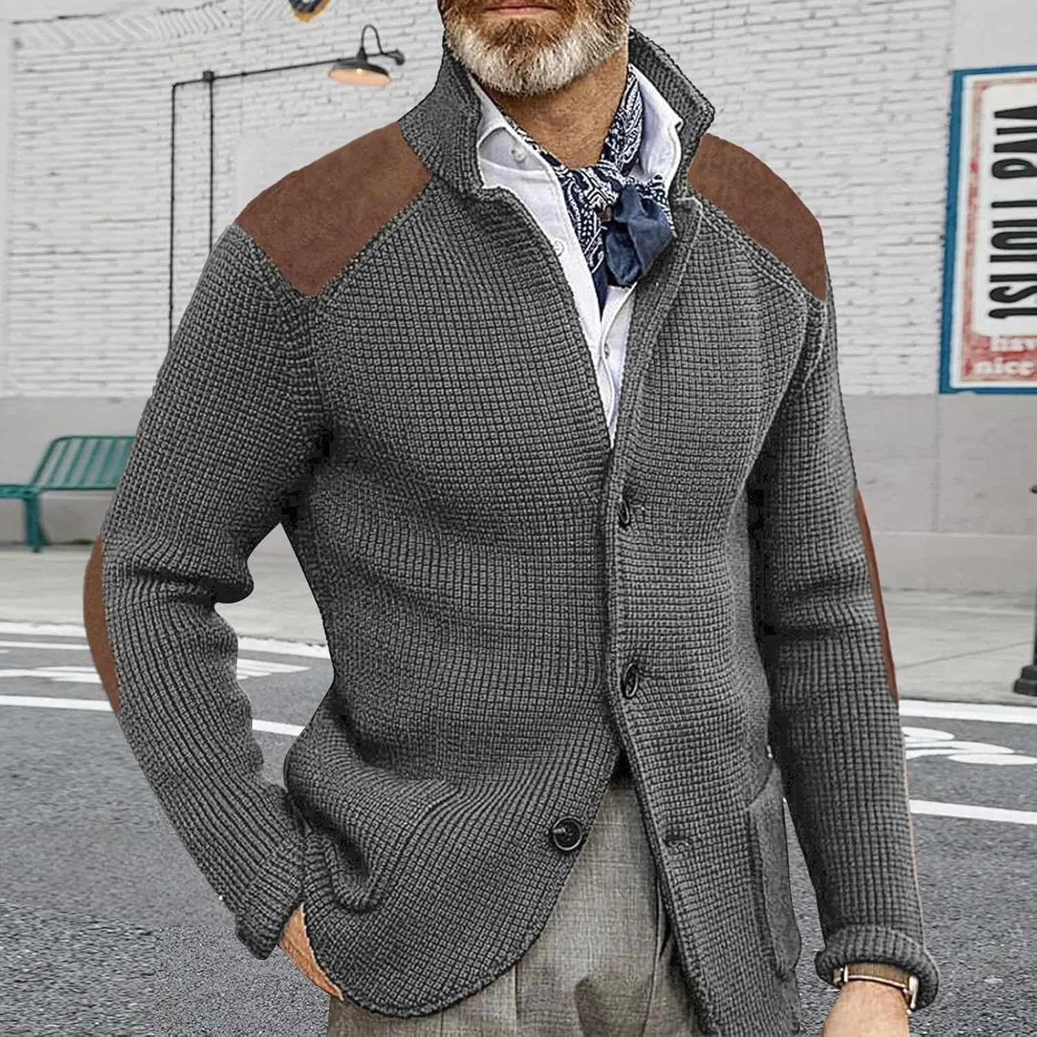 Cardigan Sweater for Mens Shawl Collar Button Down Knitted Sweaters Plus Size Elbow Fall Winter Chunky Jackets