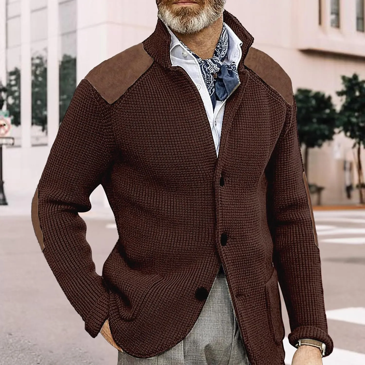 Cardigan Sweater for Mens Shawl Collar Button Down Knitted Sweaters Plus Size Elbow Fall Winter Chunky Jackets