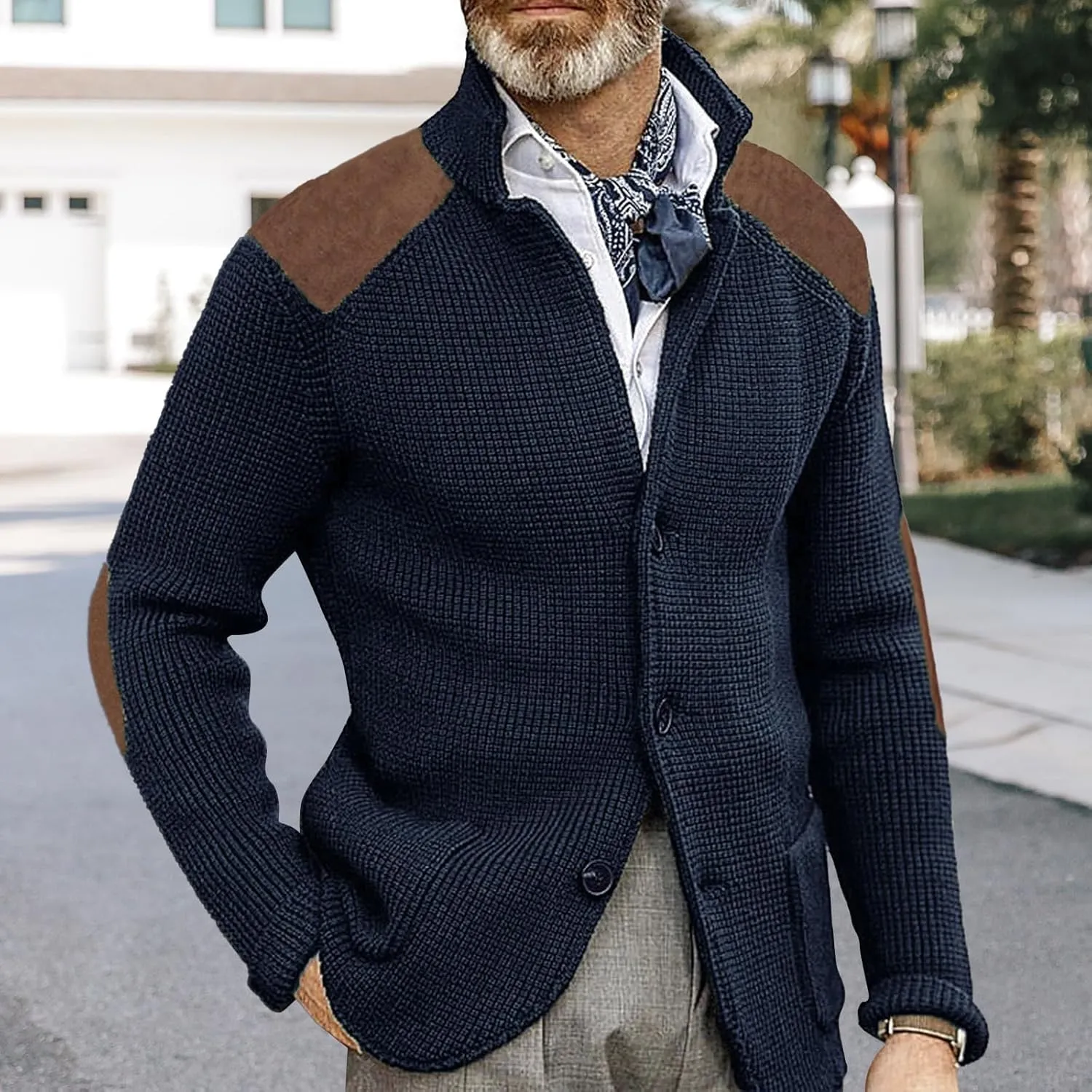 Cardigan Sweater for Mens Shawl Collar Button Down Knitted Sweaters Plus Size Elbow Fall Winter Chunky Jackets