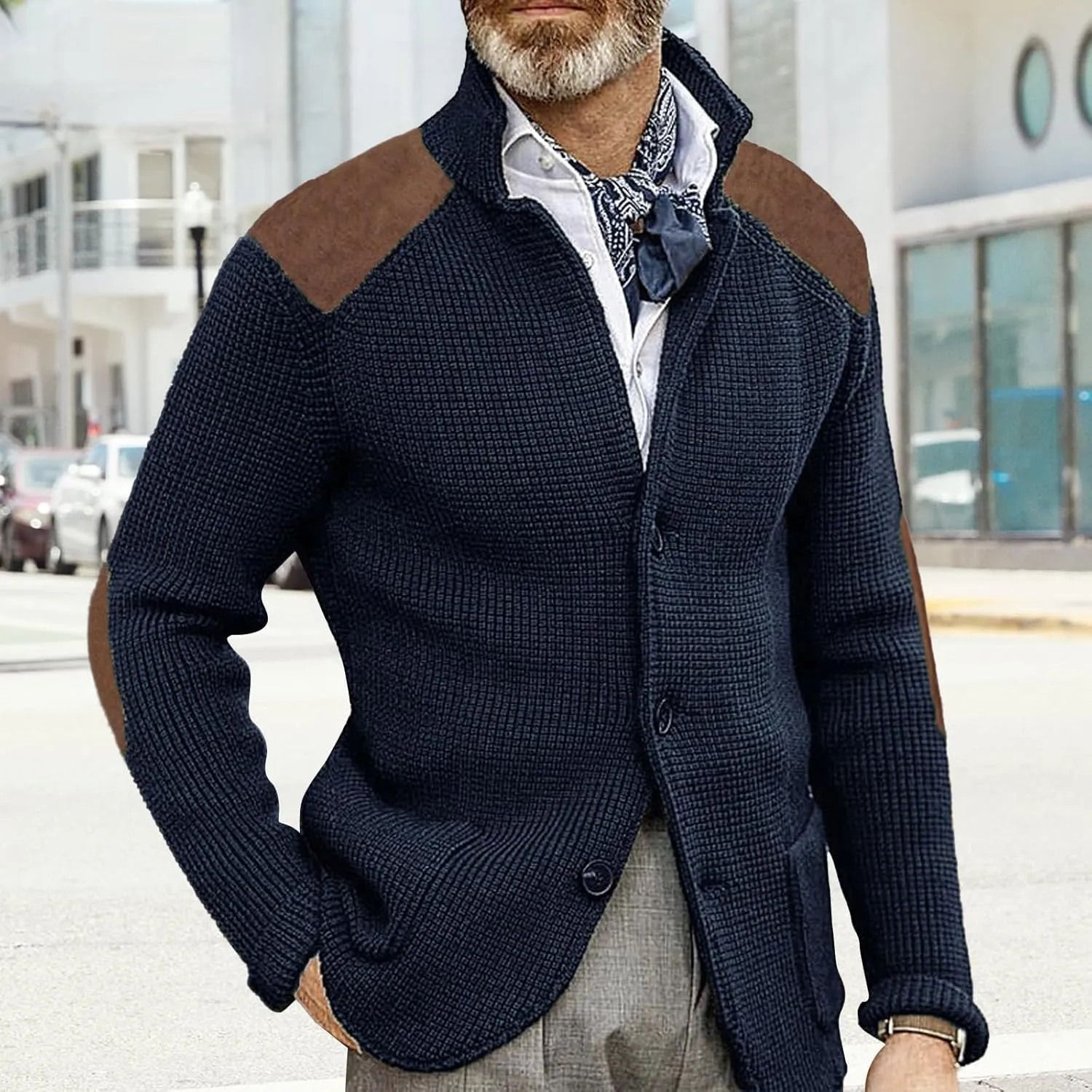 Cardigan Sweater for Mens Shawl Collar Button Down Knitted Sweaters Plus Size Elbow Fall Winter Chunky Jackets