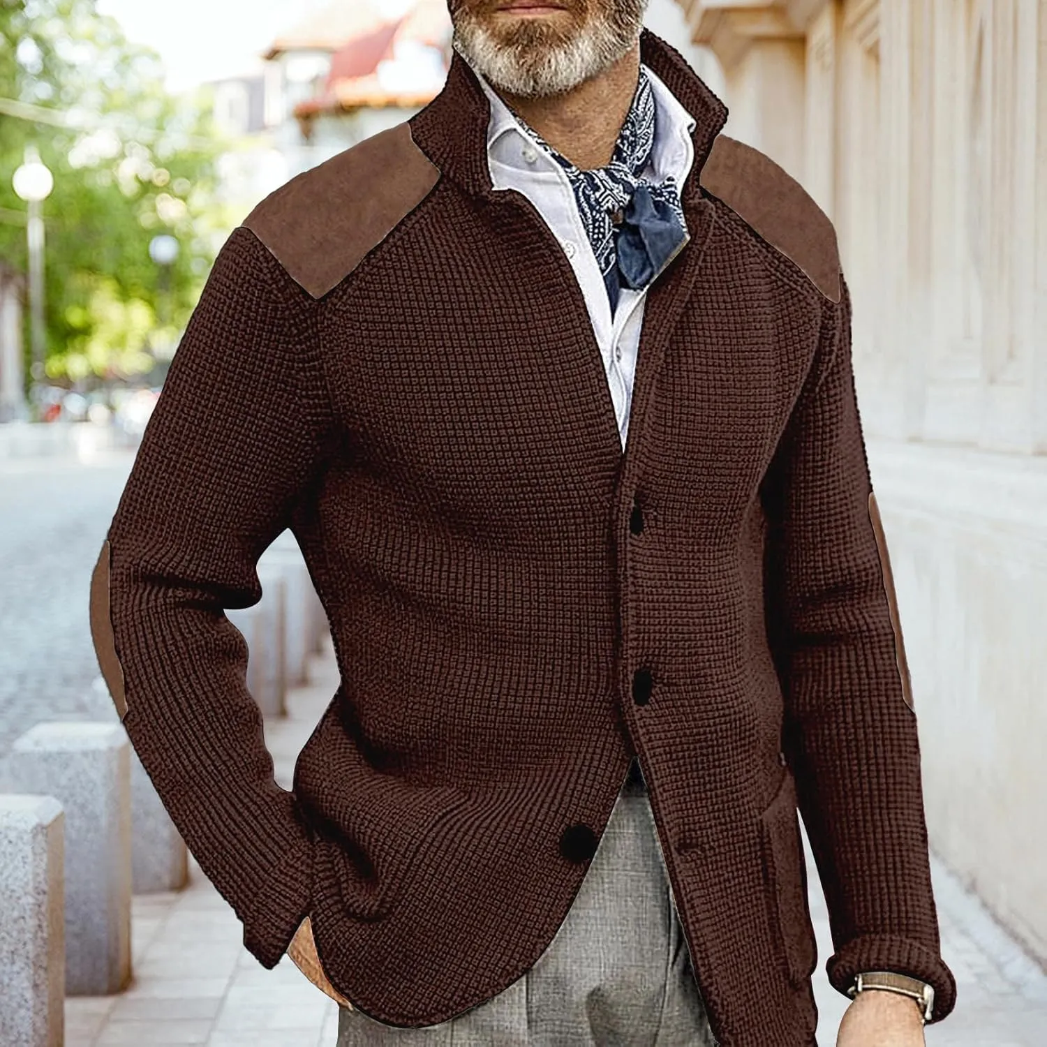 Cardigan Sweater for Mens Shawl Collar Button Down Knitted Sweaters Plus Size Elbow Fall Winter Chunky Jackets
